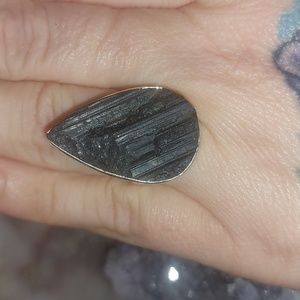 Raw Black Tourmaline Teardrop Ring Size 6.5